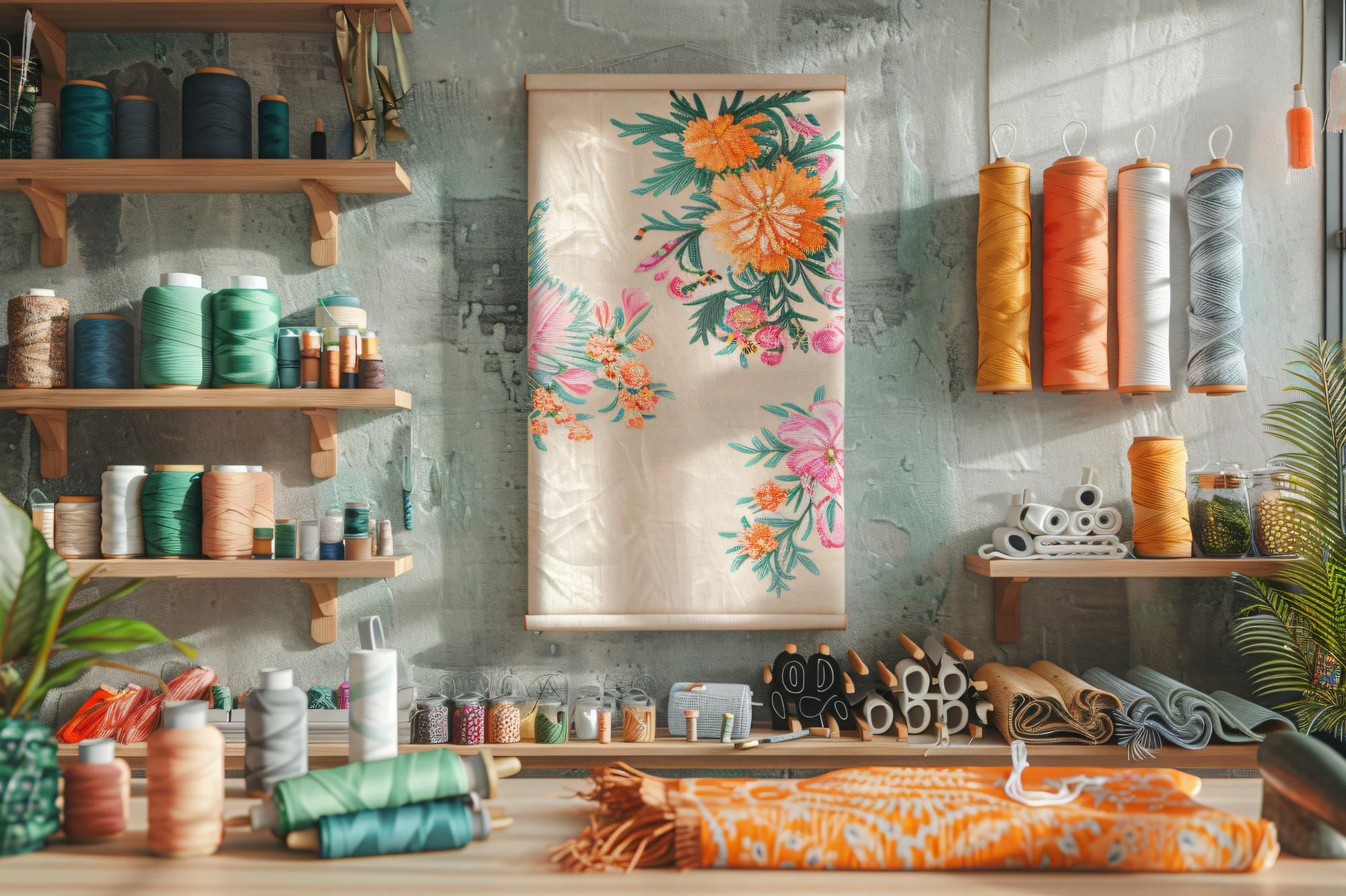 Workshop doorway with embroidered textiles