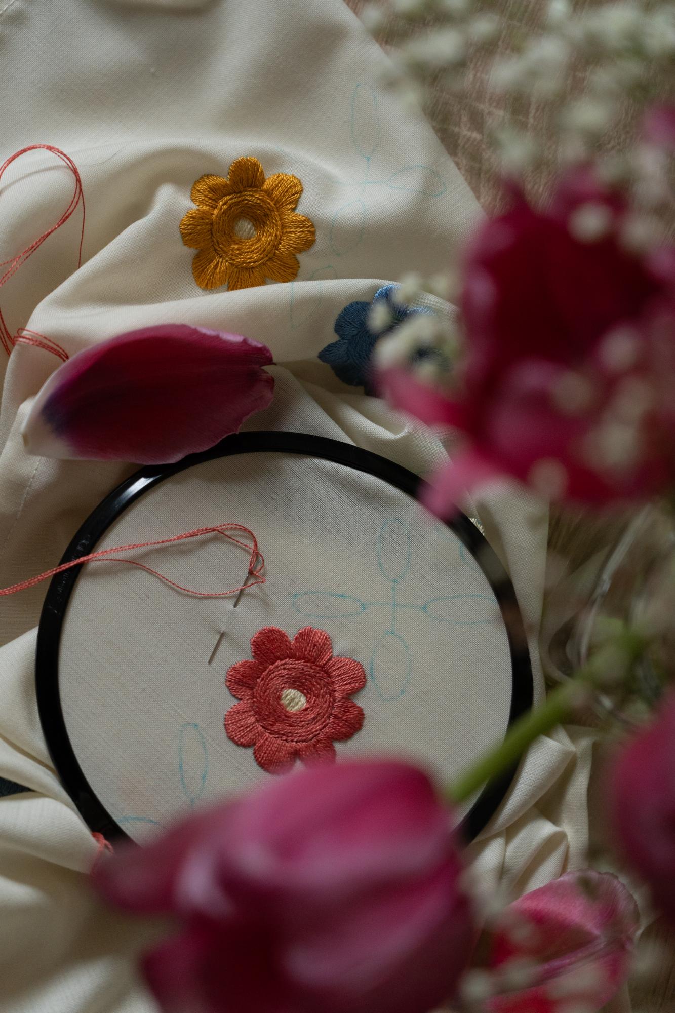 Close-up of hand embroidery with floral motif